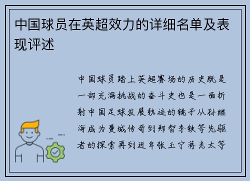 中国球员在英超效力的详细名单及表现评述